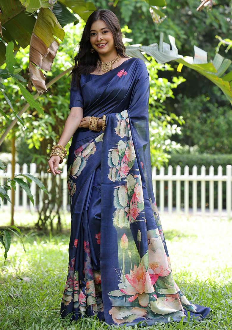 Blue Embroidered Silk Blend Saree Set - Indya