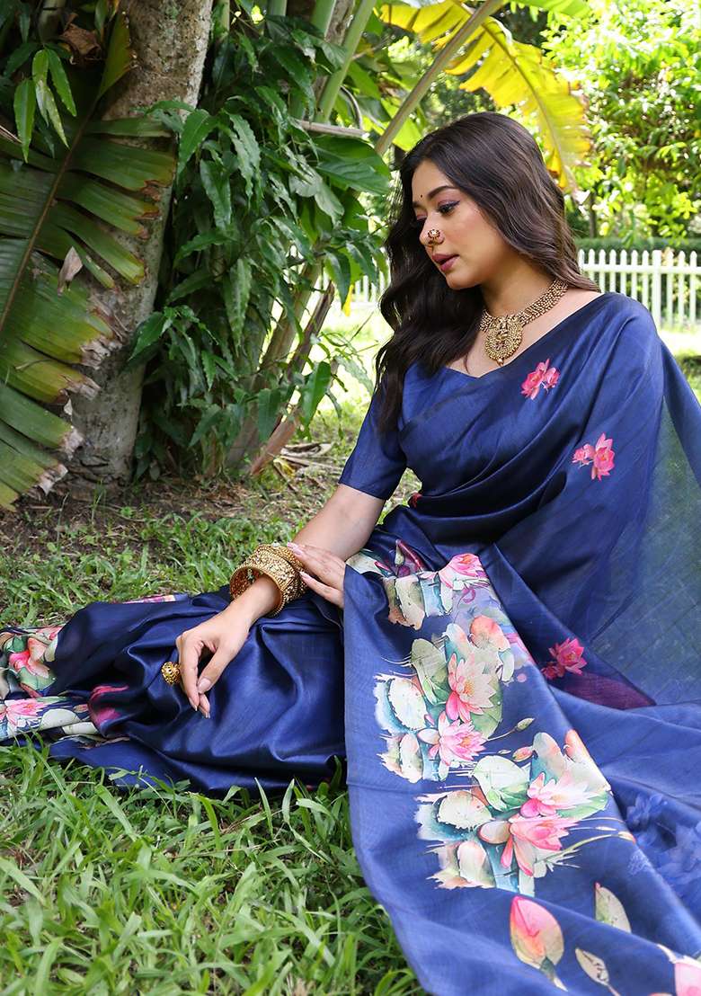 Blue Embroidered Silk Blend Saree Set - Indya