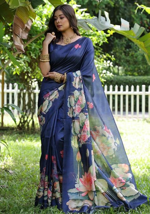 Blue Embroidered Silk Saree Set