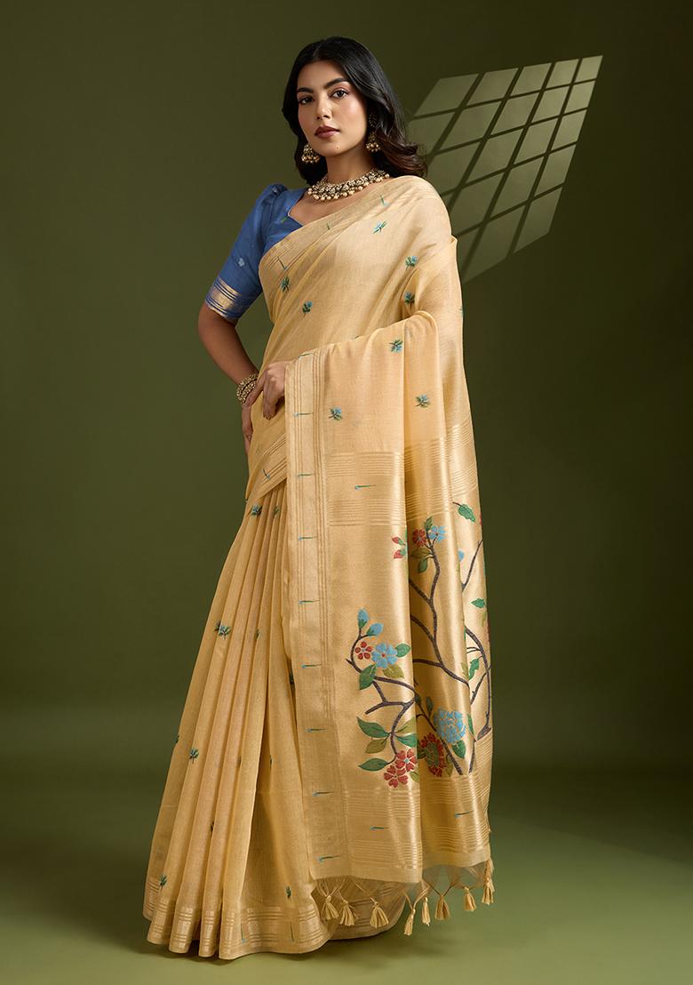 Khaki Embroidered Cotton Saree Set