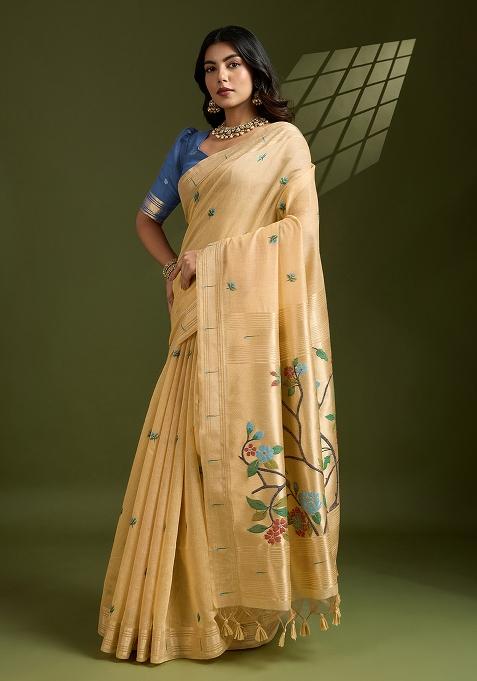 Khaki Embroidered Cotton Saree Set