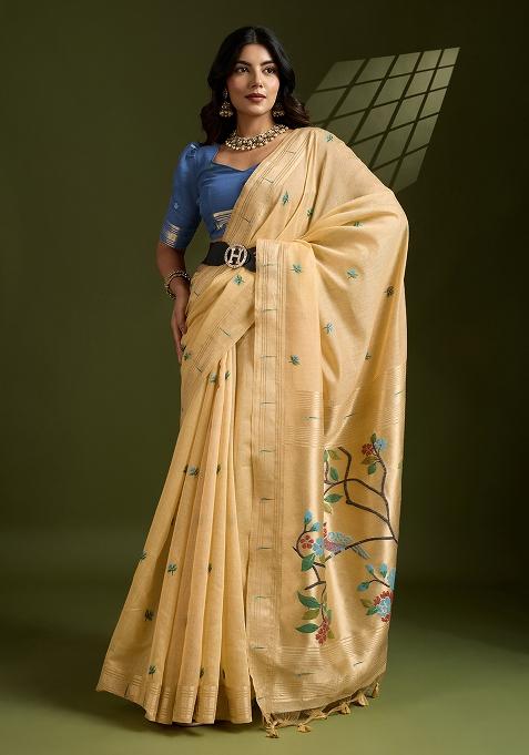 Khaki Embroidered Cotton Saree Set