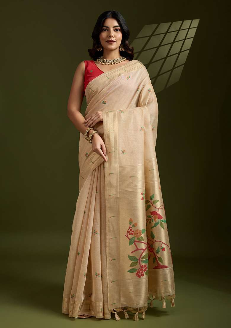 Cream Embroidered Cotton Saree Set - Indya