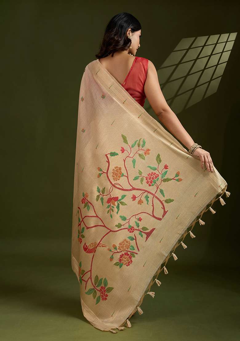 Cream Embroidered Cotton Saree Set - Indya