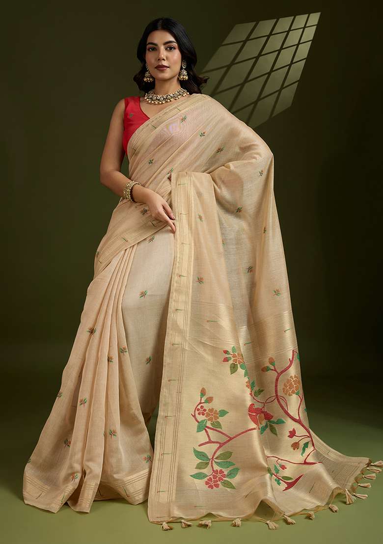 Cream Embroidered Cotton Saree Set - Indya