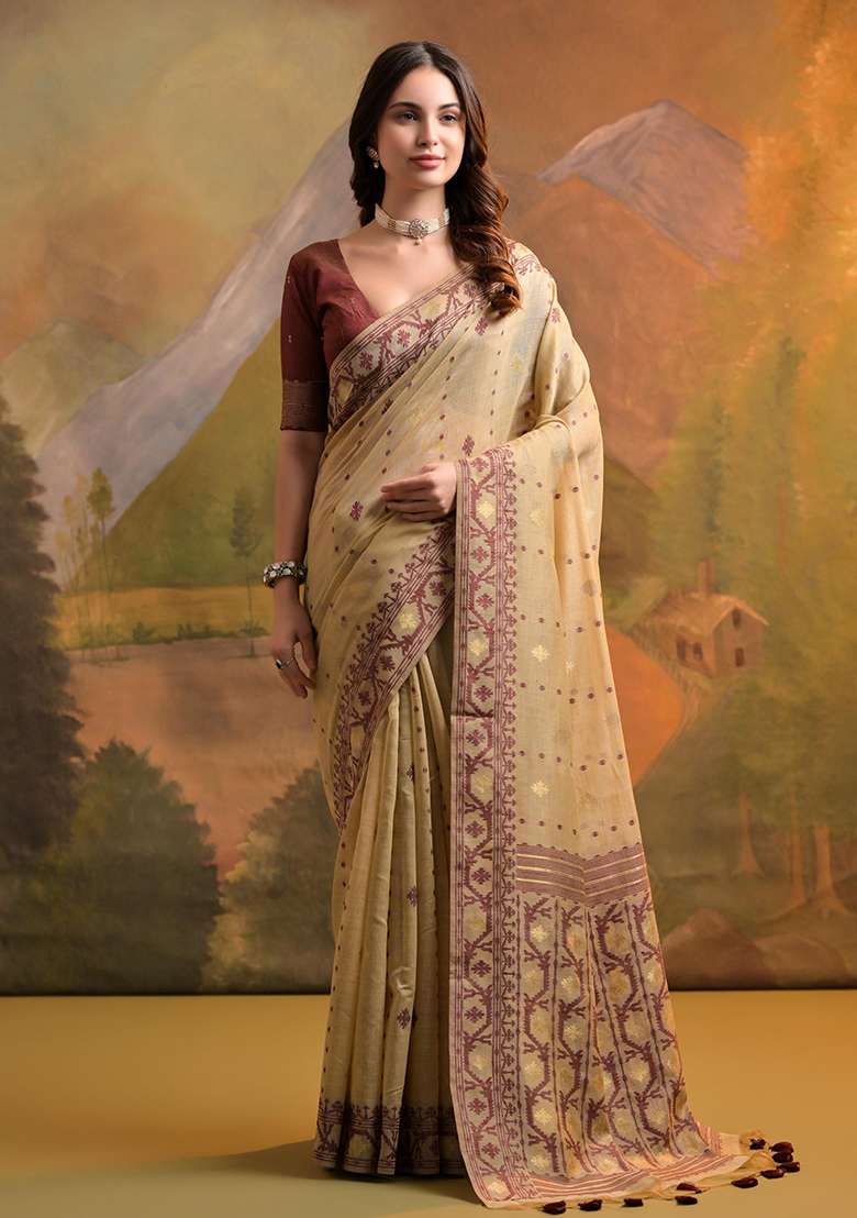 Cream Embroidered Cotton Saree Set - Indya