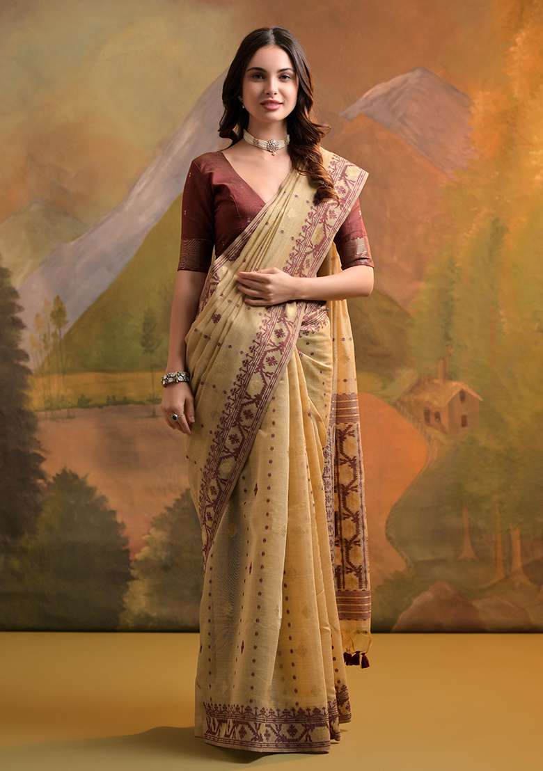 Cream Embroidered Cotton Saree Set - Indya