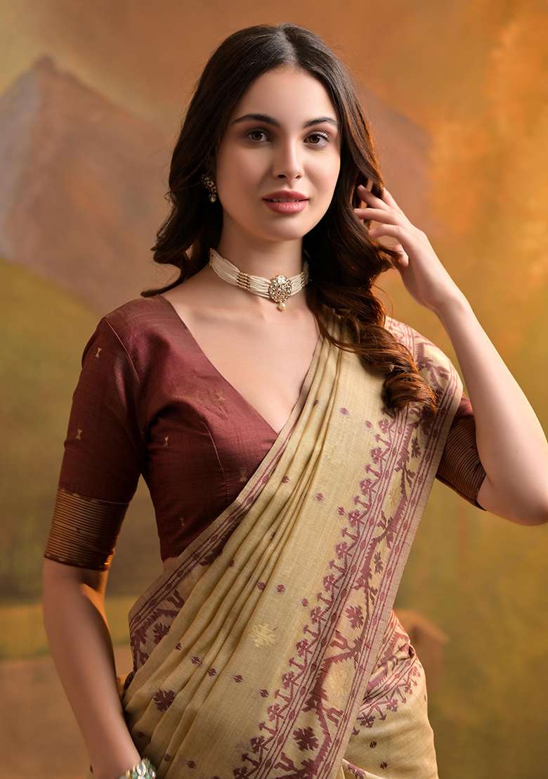 Cream Embroidered Cotton Saree Set - Indya