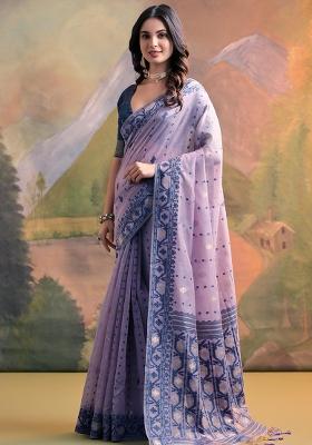 Lavender Embroidered Cotton Saree Set