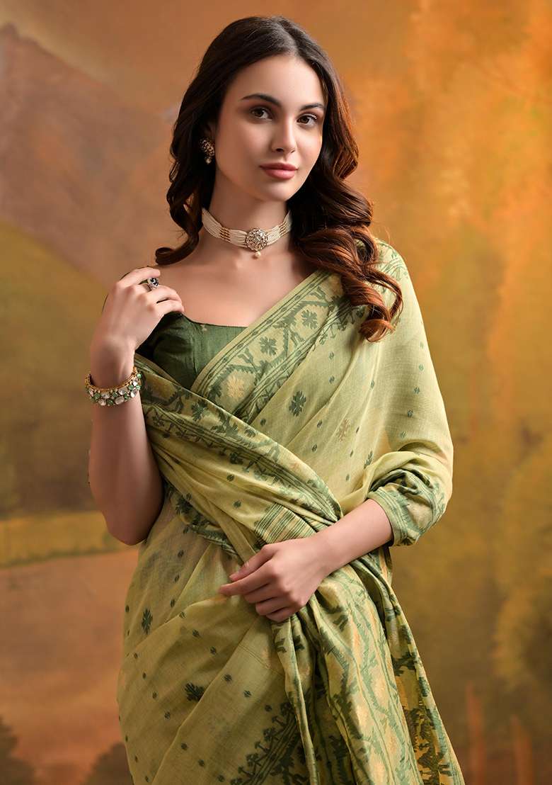 Pista Embroidered Cotton Saree Set - Indya