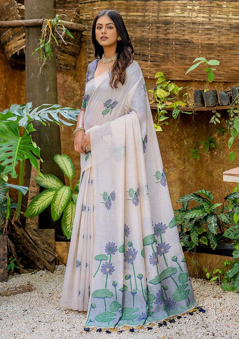 Off White Embroidered Silk Blend Saree Set - Indya