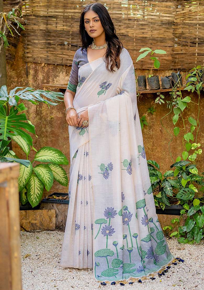 Off White Embroidered Silk Blend Saree Set - Indya