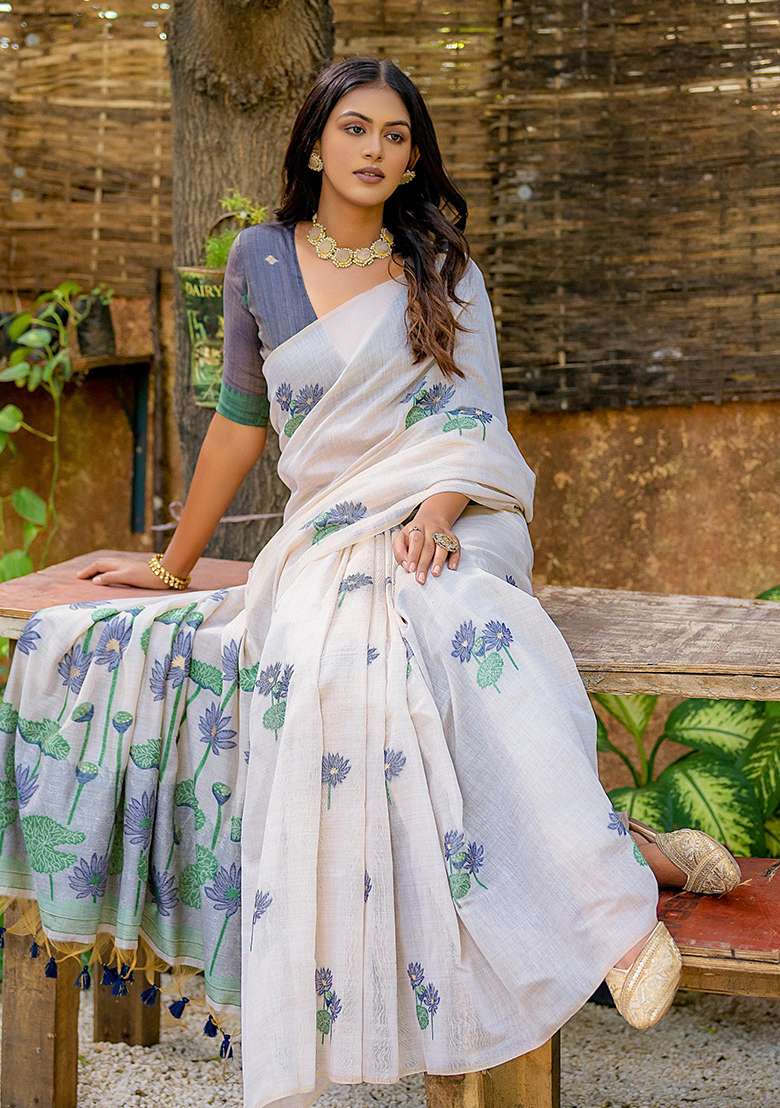 Off White Embroidered Silk Blend Saree Set - Indya