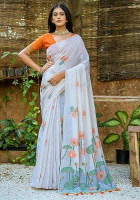 Off White Embroidered Silk Saree Set