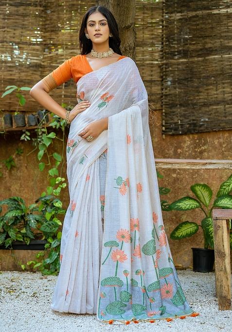 Off White Embroidered Silk Saree Set