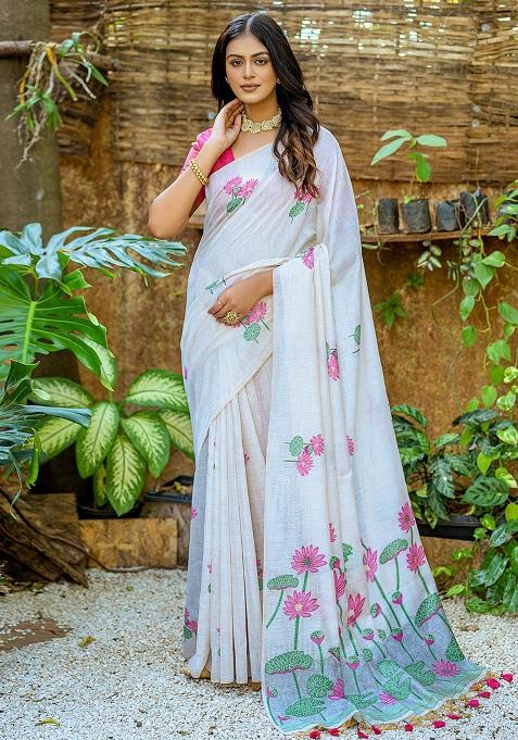 Off White Embroidered Silk Saree Set