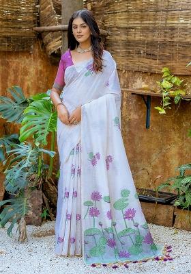 Off White Embroidered Silk Saree Set