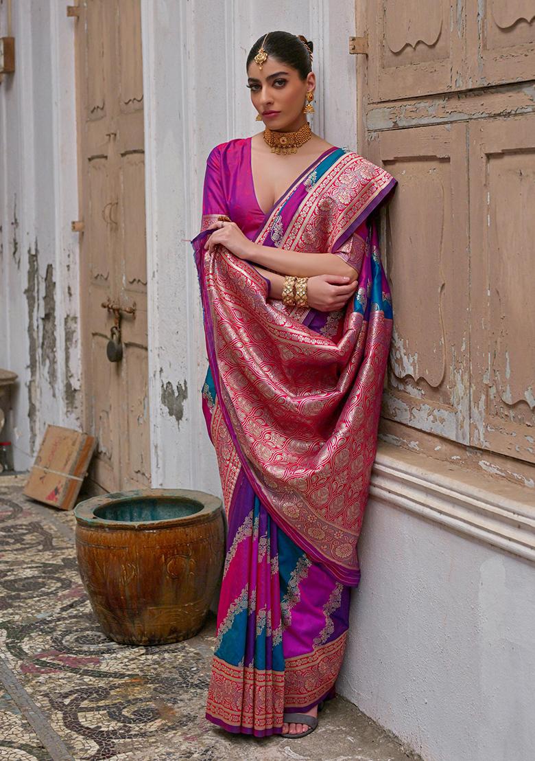 Pink Embroidered Silk Saree Set
