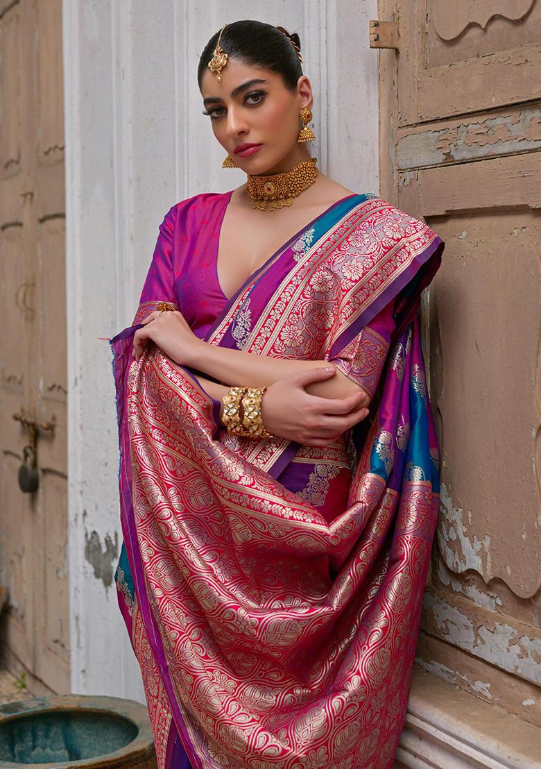 Pink Embroidered Silk Saree Set