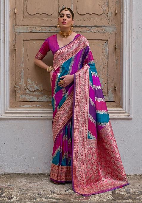 Pink Embroidered Silk Saree Set