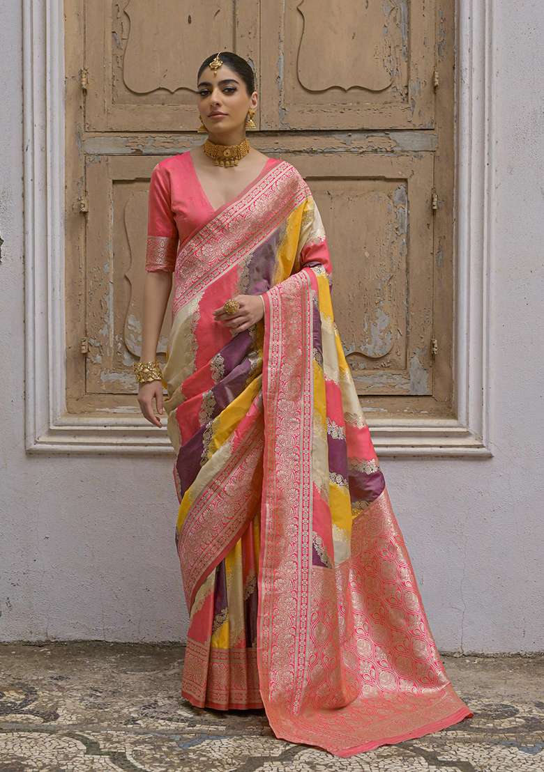 Yellow Embroidered Silk Blend Saree Set - Indya