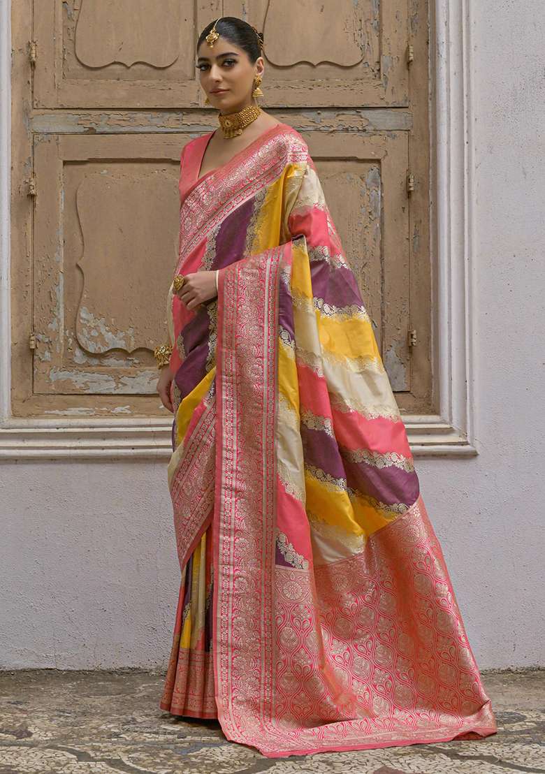 Yellow Embroidered Silk Blend Saree Set - Indya