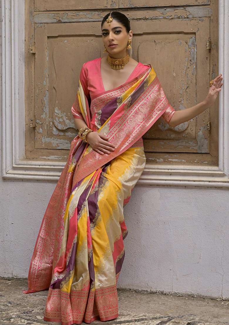 Yellow Embroidered Silk Blend Saree Set - Indya