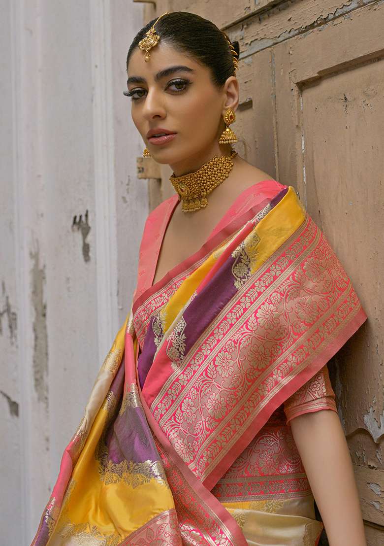 Yellow Embroidered Silk Blend Saree Set - Indya