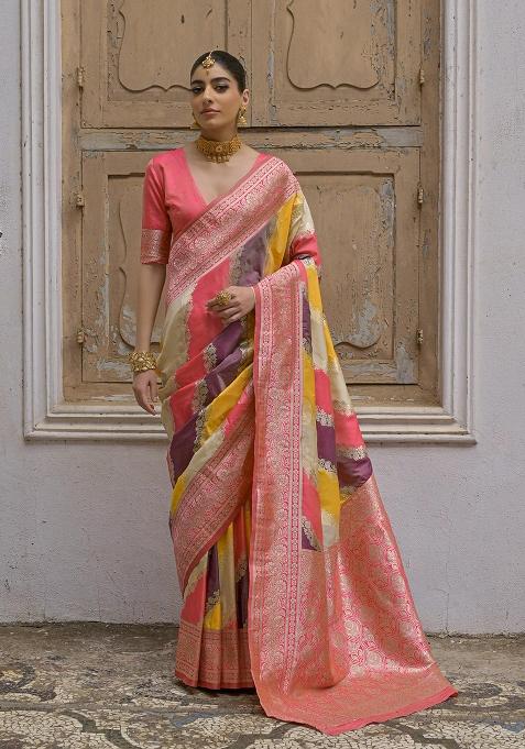 Yellow Embroidered Silk Saree Set