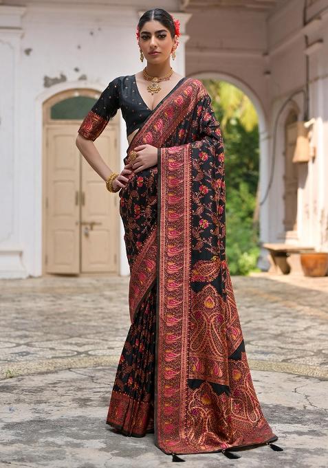 Black Embroidered Silk Saree Set