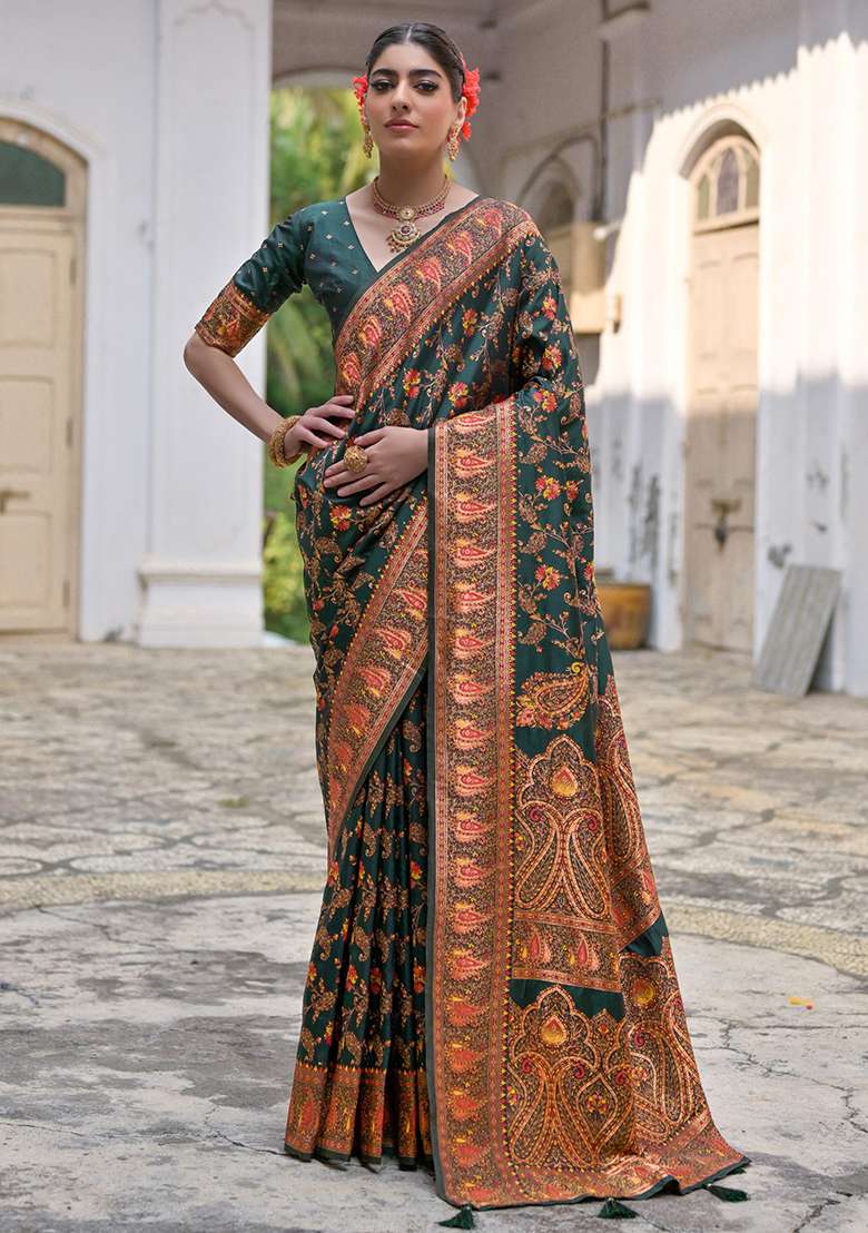 Btgreen Embroidered Silk Blend Saree Set - Indya