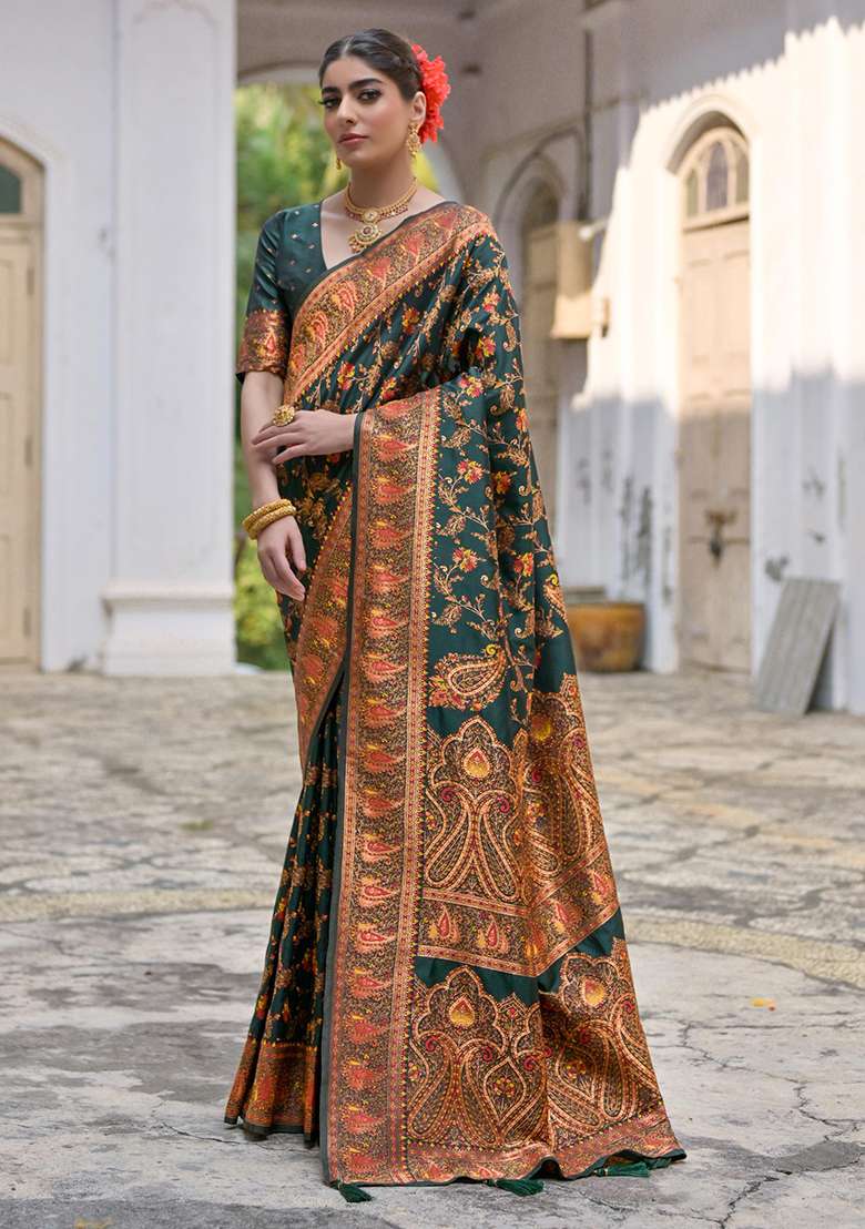 Btgreen Embroidered Silk Blend Saree Set - Indya