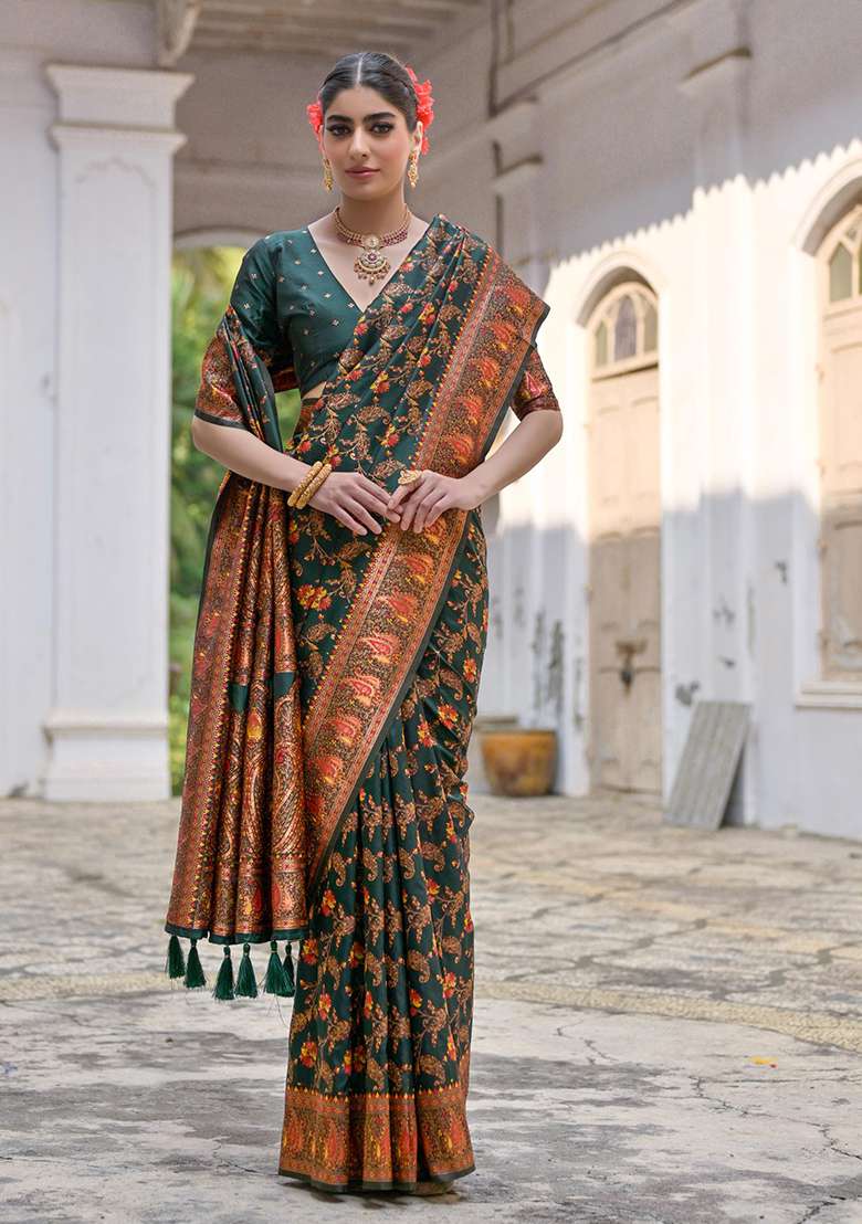 Btgreen Embroidered Silk Blend Saree Set - Indya