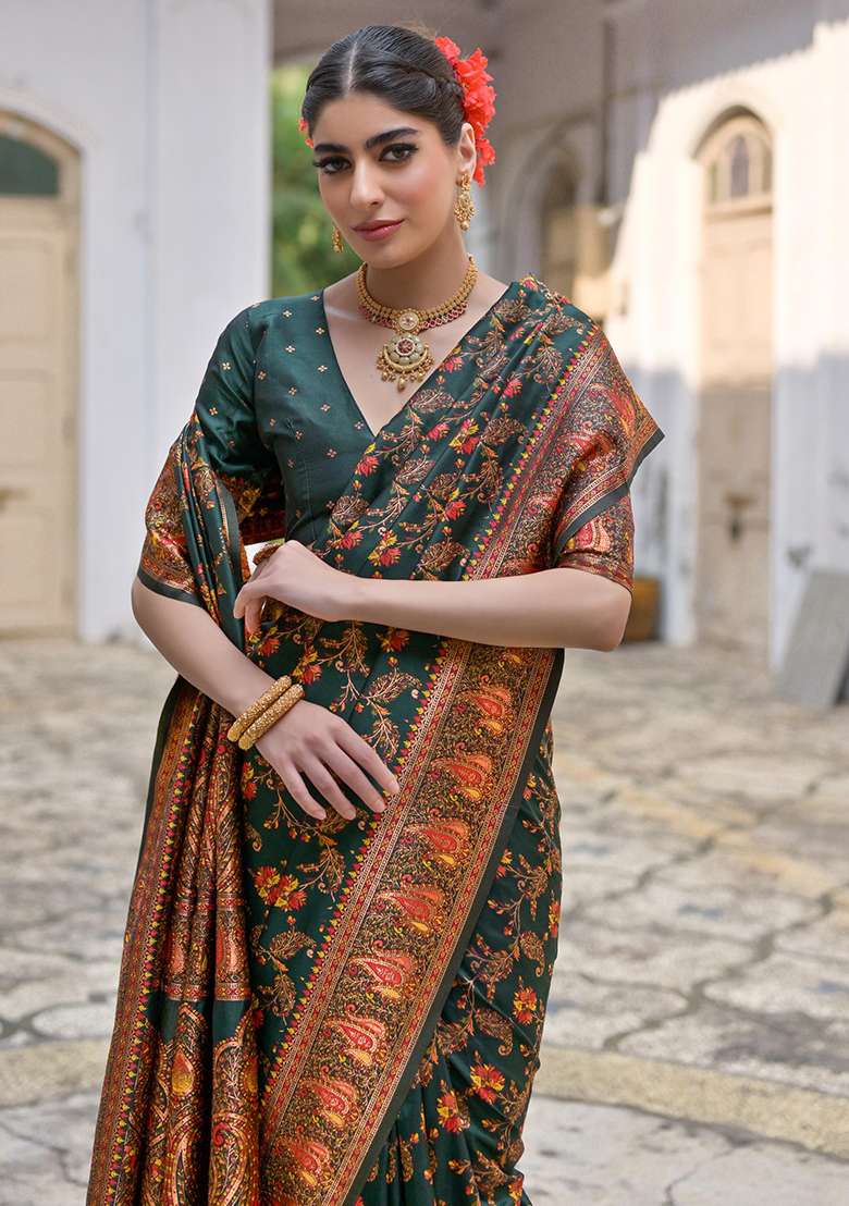 Btgreen Embroidered Silk Blend Saree Set - Indya
