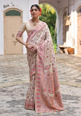 Cream Embroidered Silk Saree Set