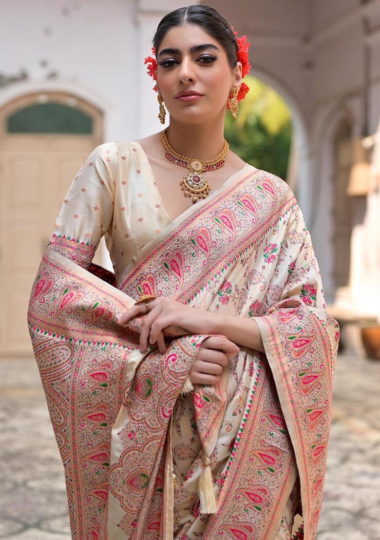 Cream Embroidered Silk Saree Set - Indya
