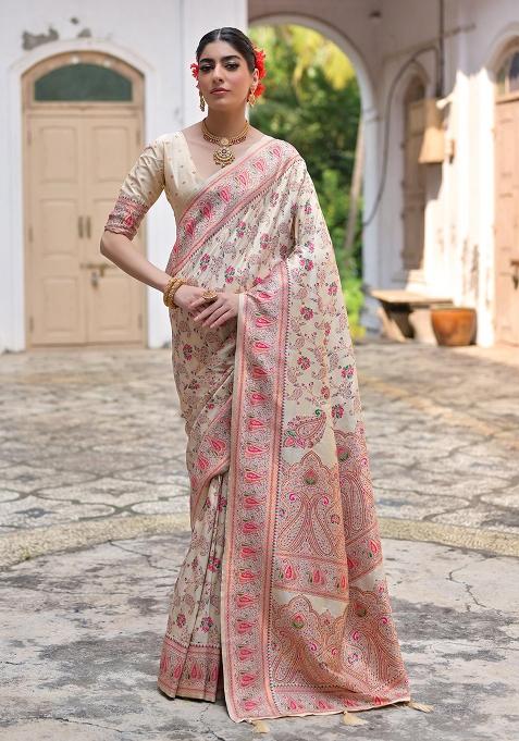 Cream Embroidered Silk Saree Set