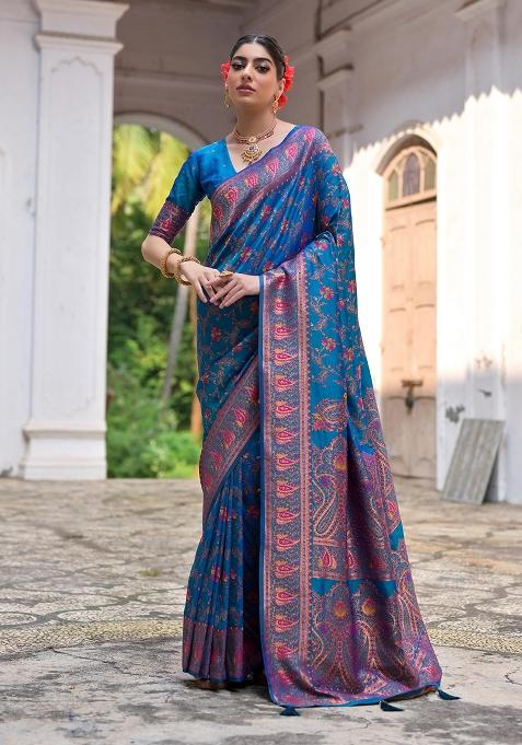 Firozi Embroidered Silk Saree Set