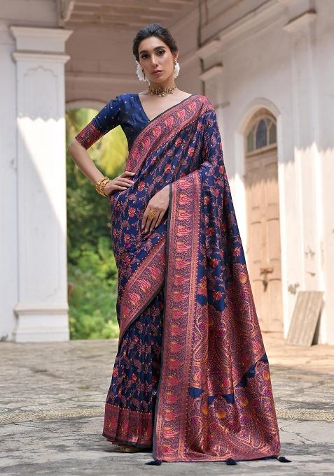 Navy Blue Embroidered Silk Saree Set