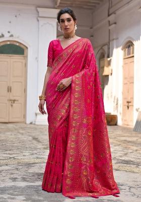 Pink Embroidered Silk Saree Set