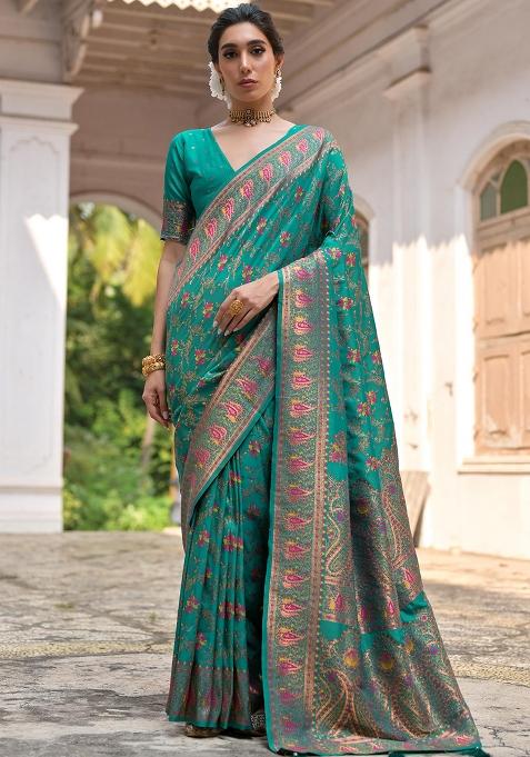 Rama Embroidered Silk Saree Set