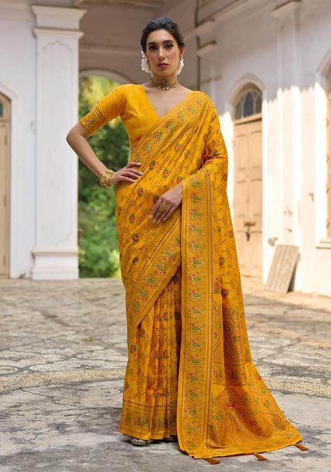 Yellow Embroidered Silk Saree Set