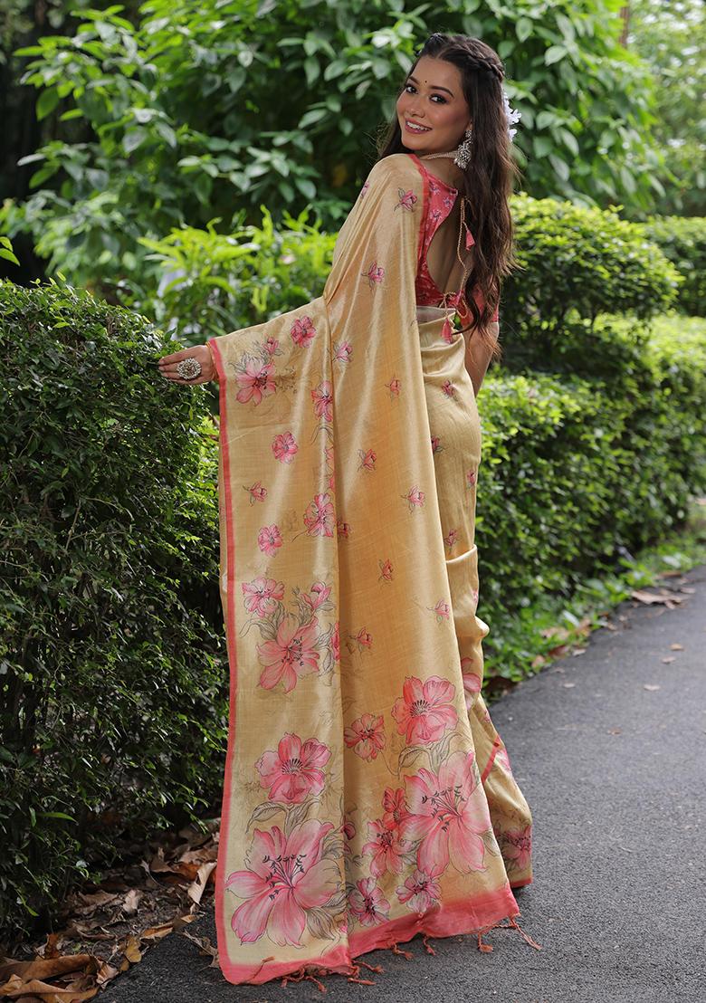 Cream Embroidered Silk Saree Set - Indya