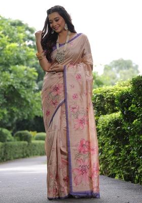Dark Cream Embroidered Silk Saree Set