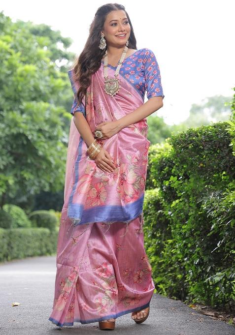 Pink Embroidered Silk Saree Set