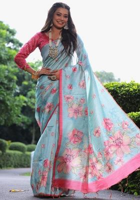 Aqua Embroidered Silk Saree Set