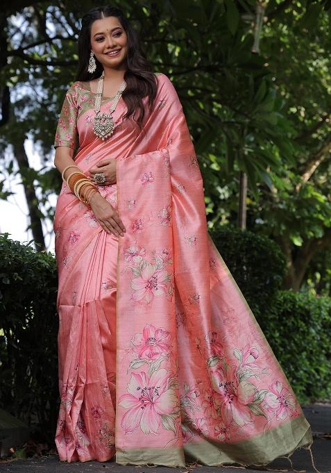 Peach Embroidered Silk Saree Set