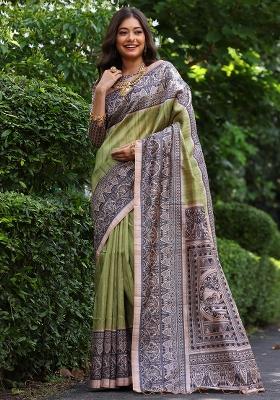 Mehendi Embroidered Silk Saree Set