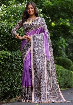 Purple Embroidered Silk Saree Set