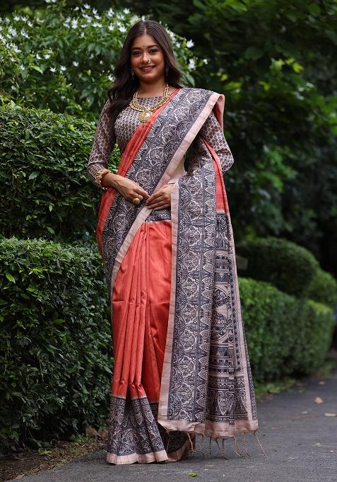 Orange Embroidered Silk Saree Set